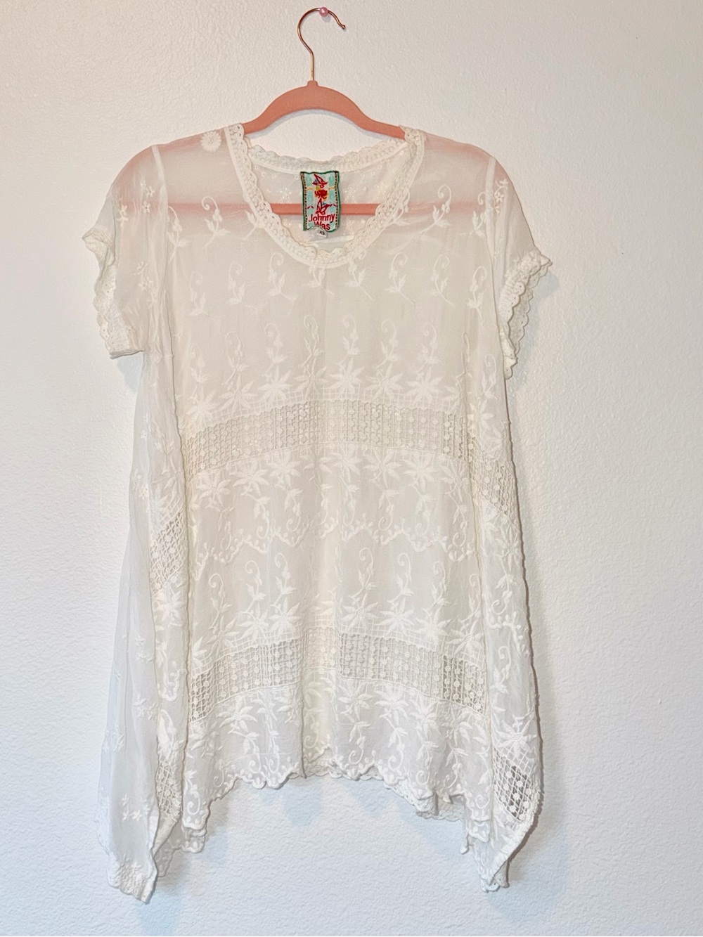 Johnny Was White Sheer Embroidered Boho Tunic Top